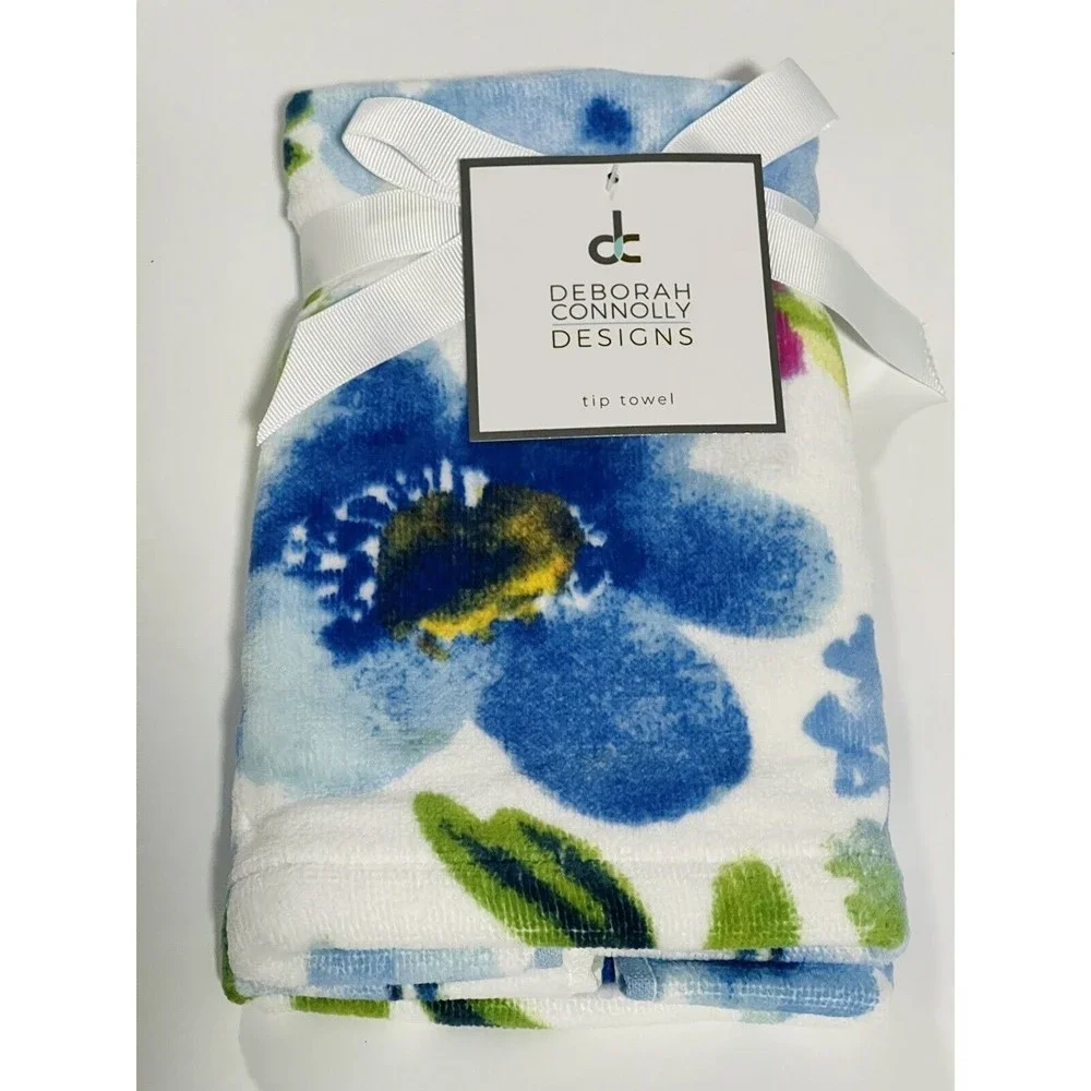 Deborah Connolly 4 PC SET BLUE PINK FLOWERS ON WHITE ,HAND & TIP TOWELS